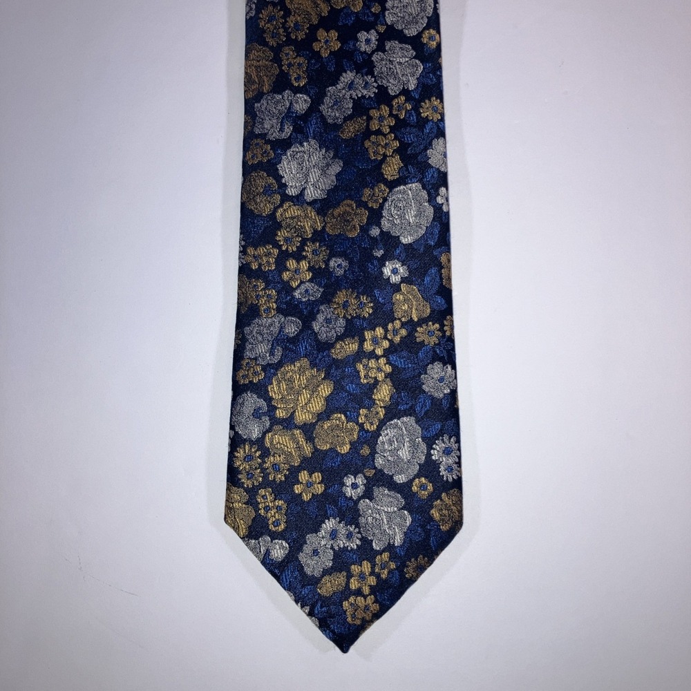 Jos A Bank Reserve Mens Silk Floral Necktie Navy Gold Silver Jacquard Tie
